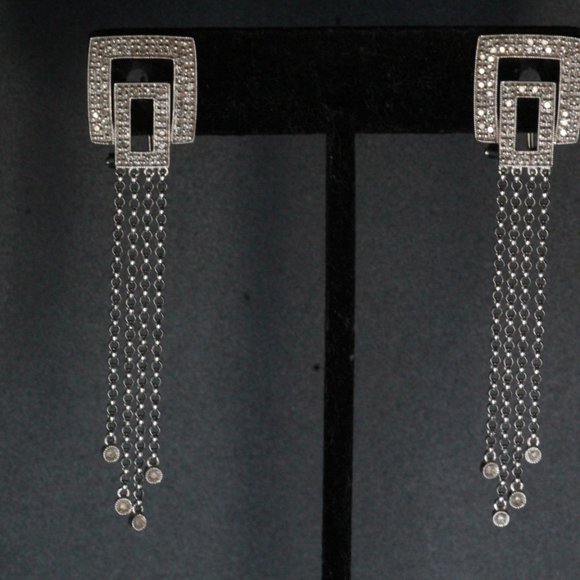 14k WHITE GOLD DIAMOND LONG DANGLE DROP TASSEL EARRINGS - Picture 4 of 13